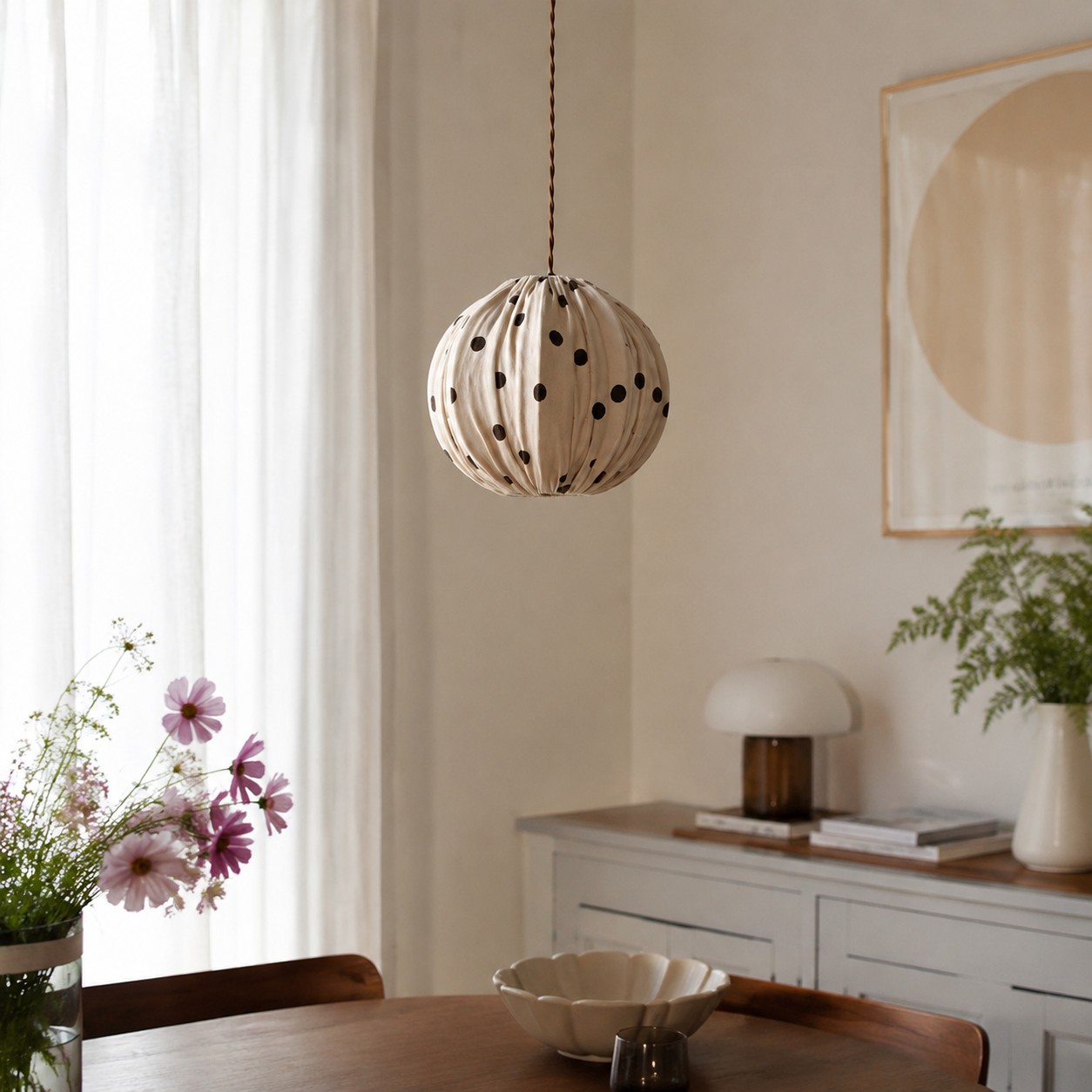 Cream polka dot pendant light near a bright window