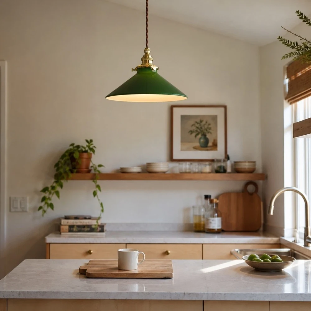 Cone green glass pendant lamp in a kitchen scene