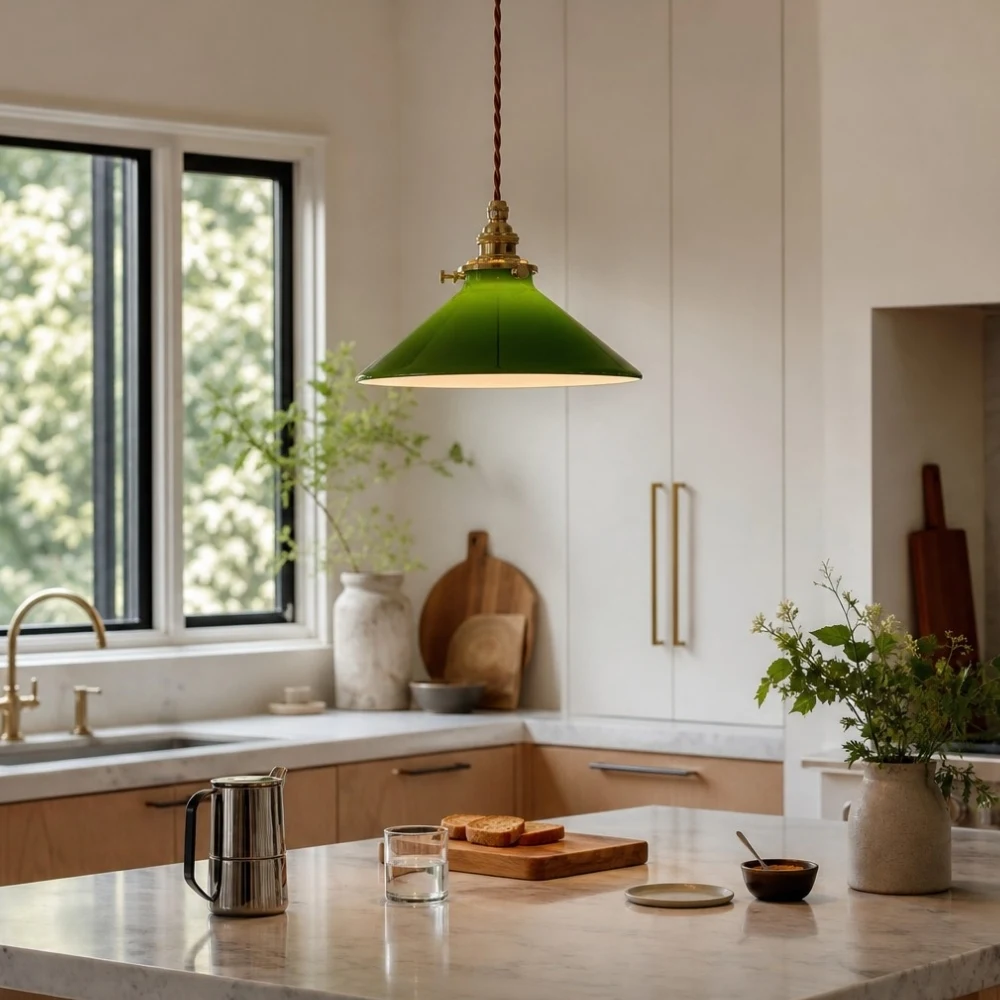 Green glass pendant lamp above a kitchen counter