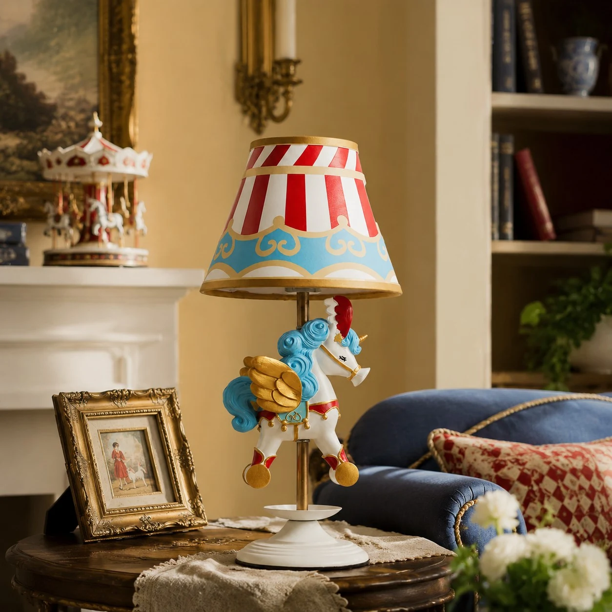 Circus carousel unicorn table lamp in a warm vintage room