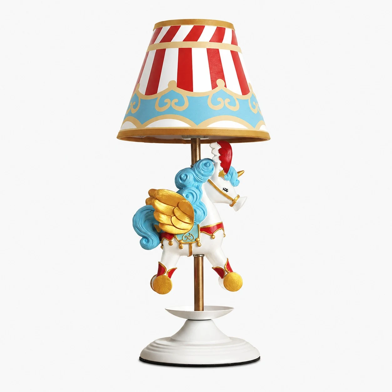 Circus carousel unicorn table lamp on white background