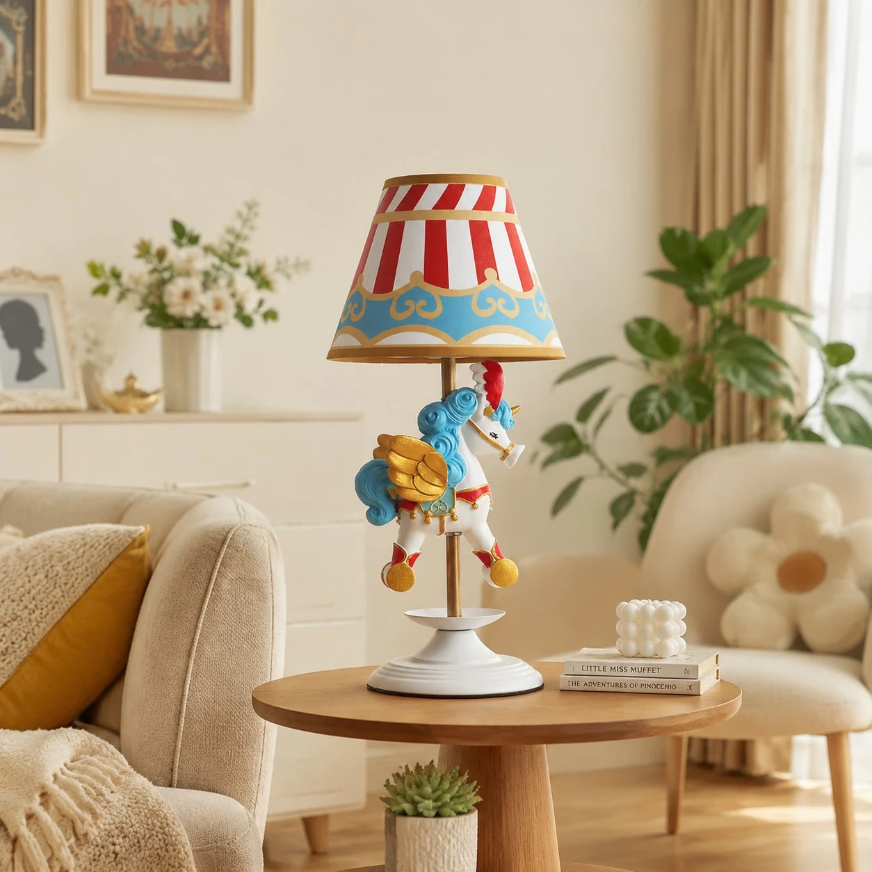 Circus carousel unicorn table lamp styled on a living room side table