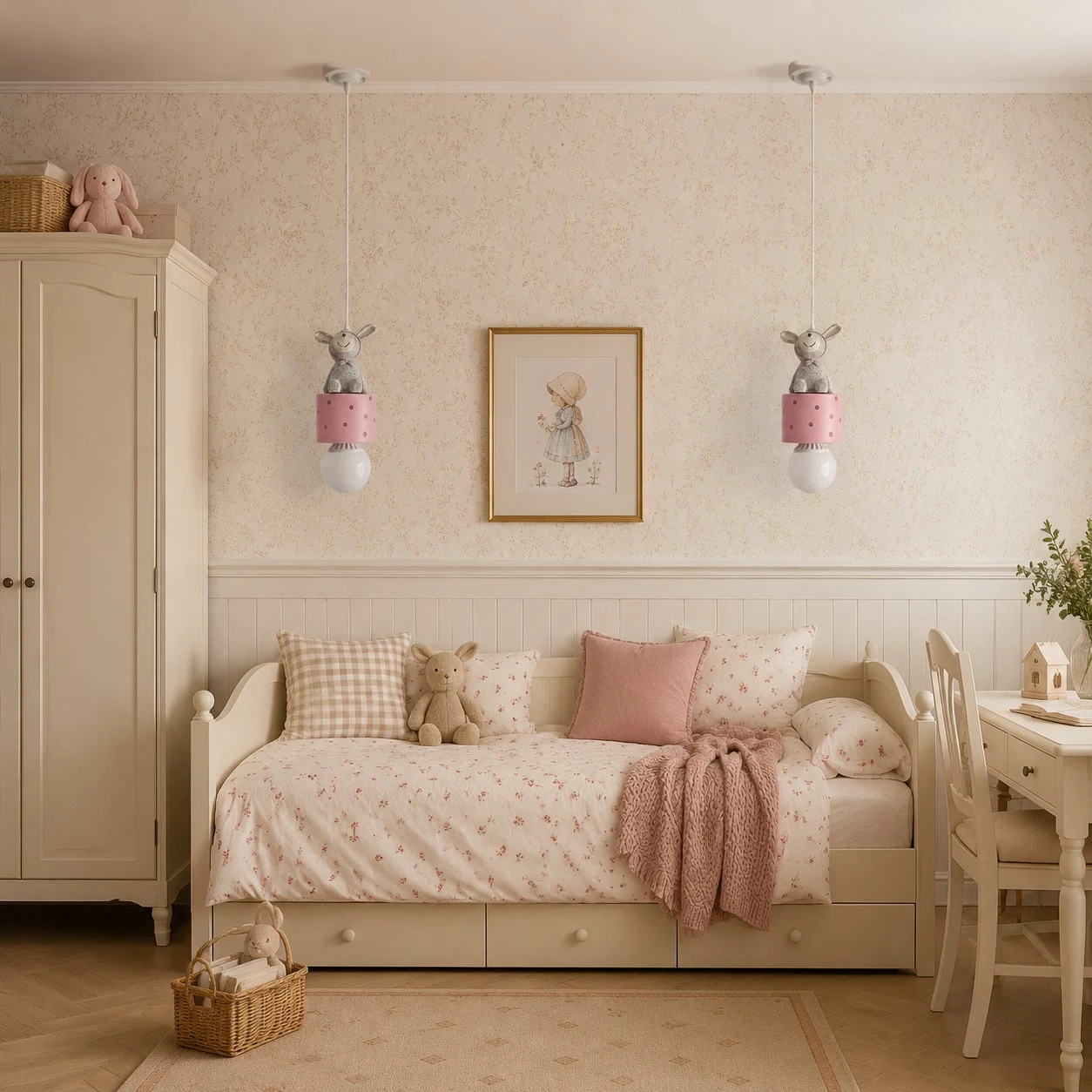 Bunny pink gift box pendant lamps in a pastel bedroom
