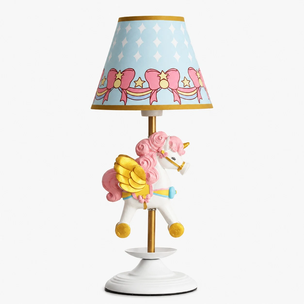 Daisy carousel unicorn table lamp on white background