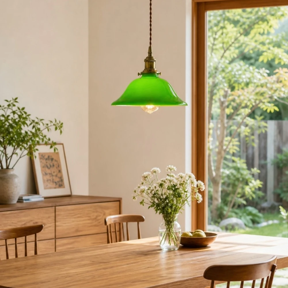 Green glass pendant lamp above a wooden dining table