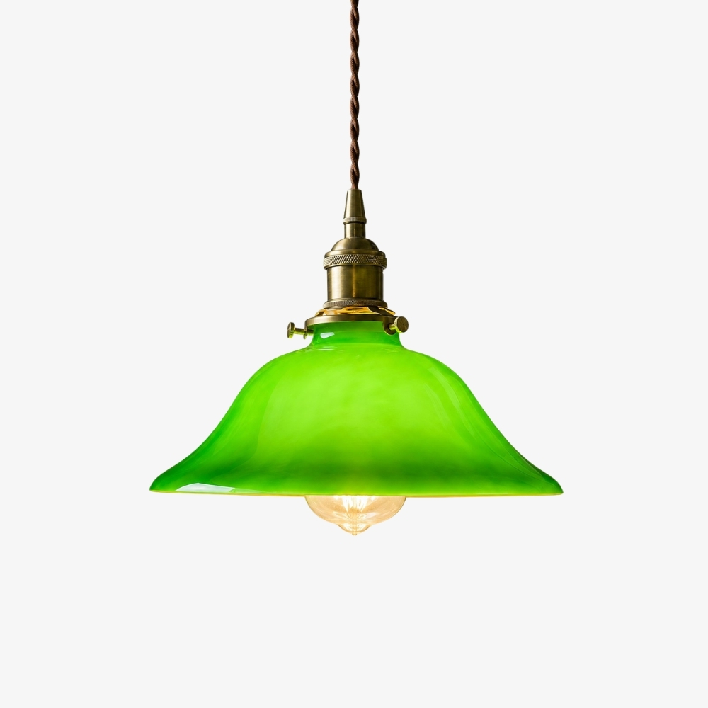 Style A green glass pendant lamp with brass finish