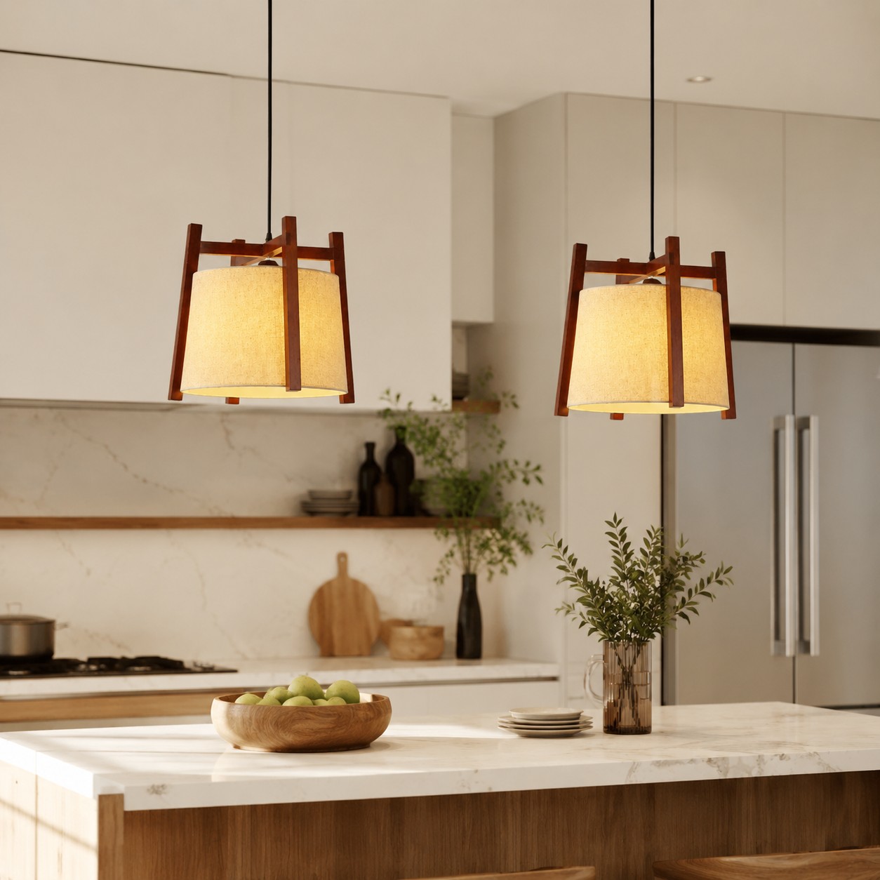 Walnut fabric pendant lights above a kitchen island