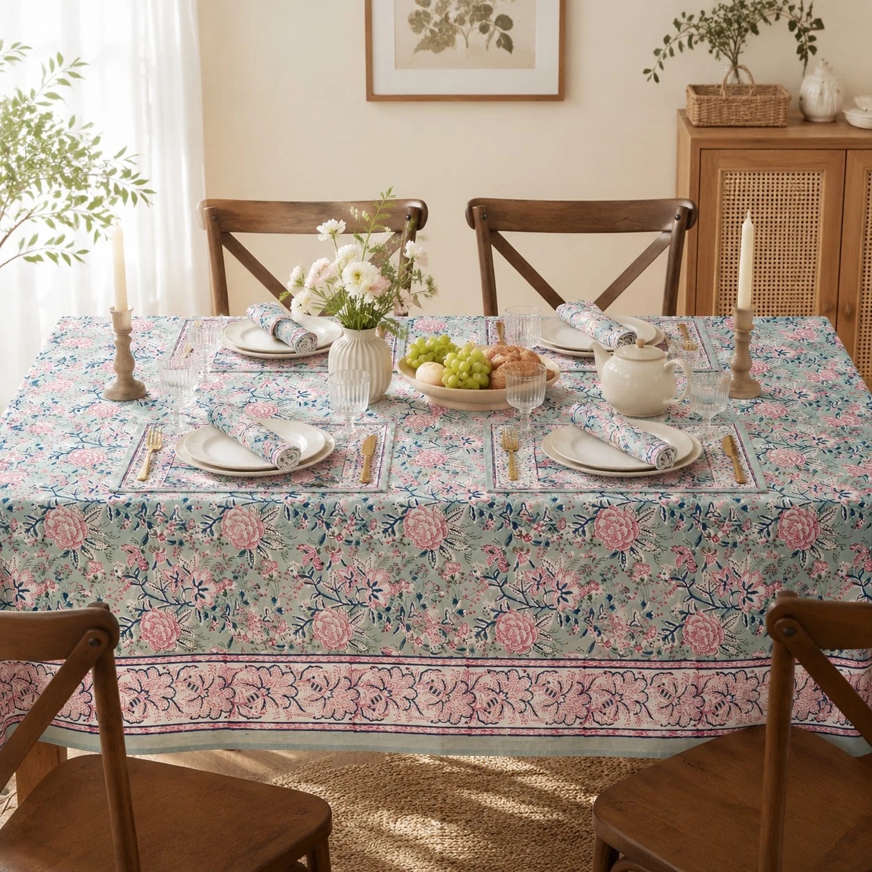 Sage green floral tablecloth styled in a bright dining room