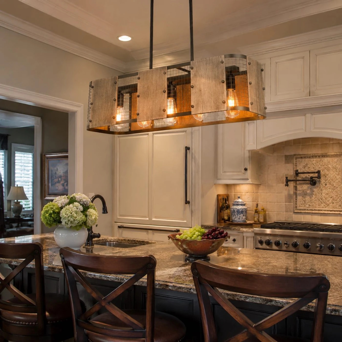 Linear pendant lamp installed above a kitchen island