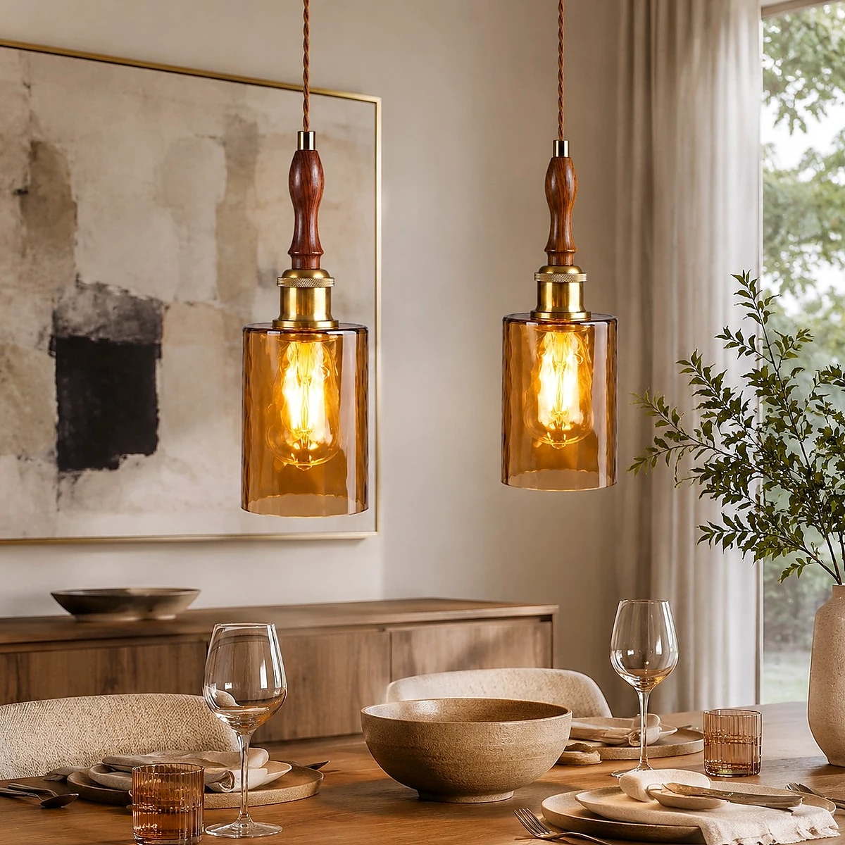 05 amber glass pendant dining pair scene