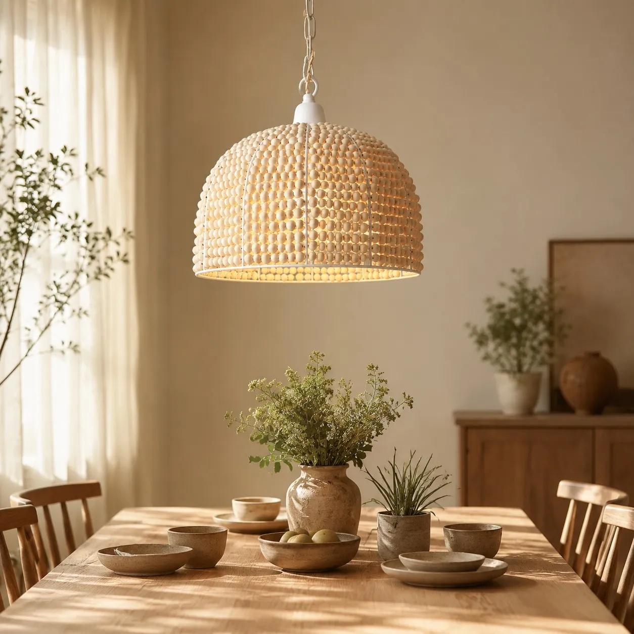 Natural wood bead pendant light above a dining table