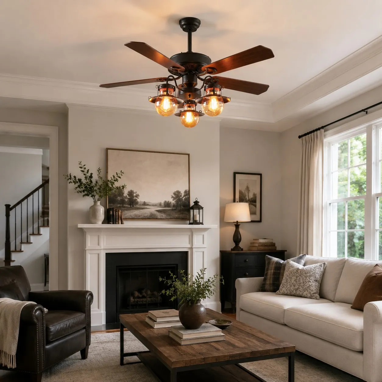 Ceiling fan light in a bright living room