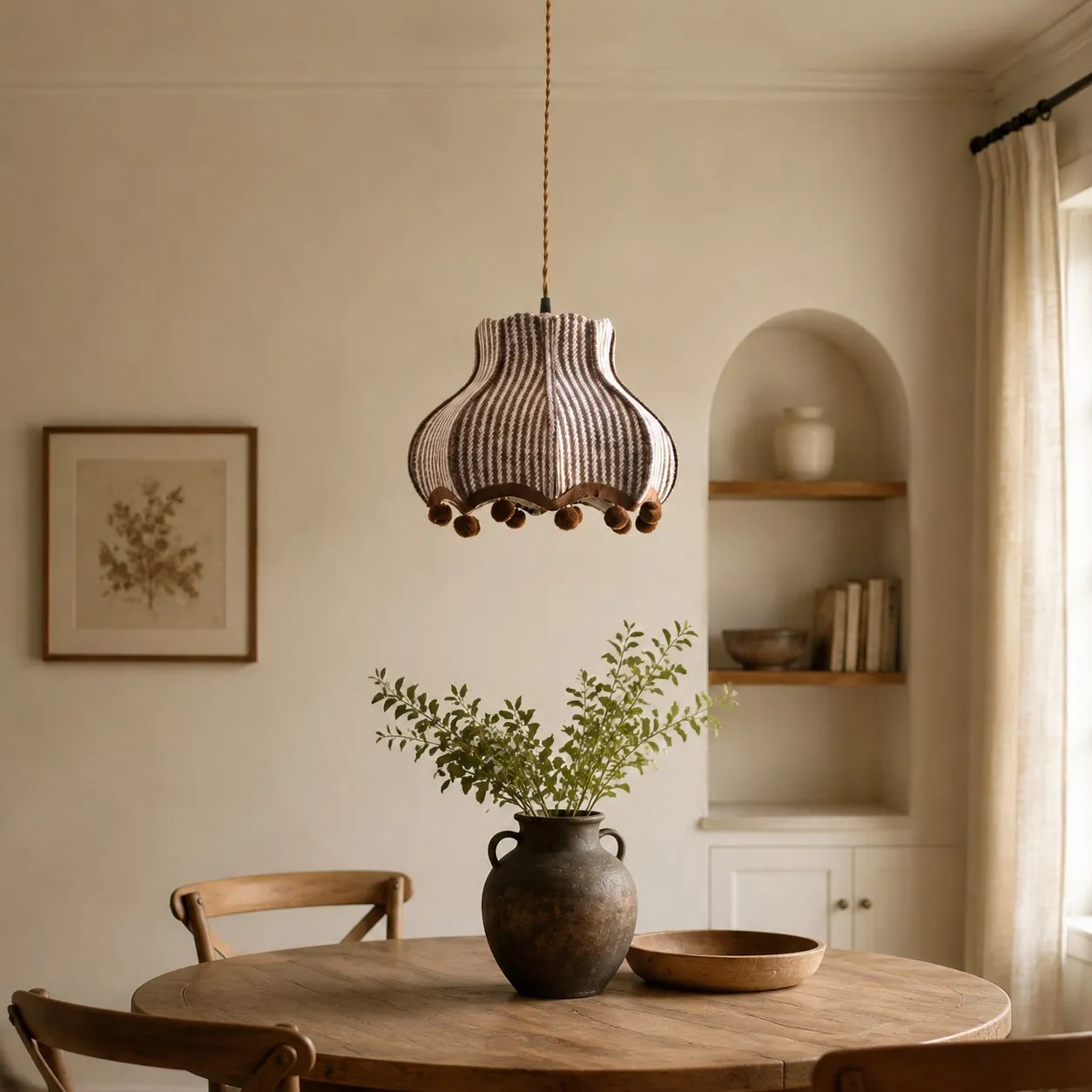 Striped fabric pendant lamp above a dining nook