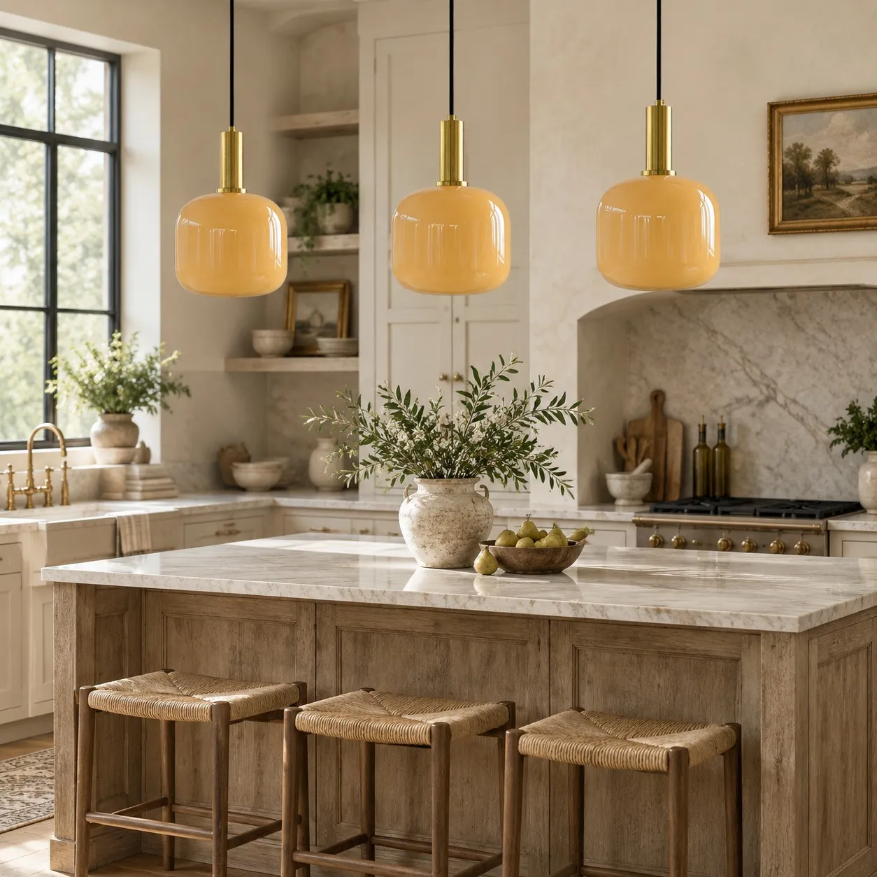 Yellow glass pendant lights over a kitchen island with brass accents