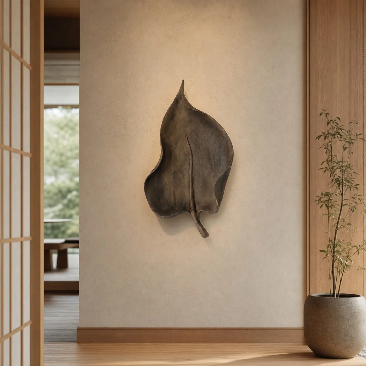 Large leaf wall decor in a wabi-sabi entryway