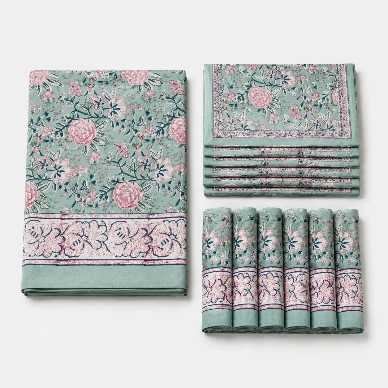 Folded sage green floral cotton linen tablecloth set