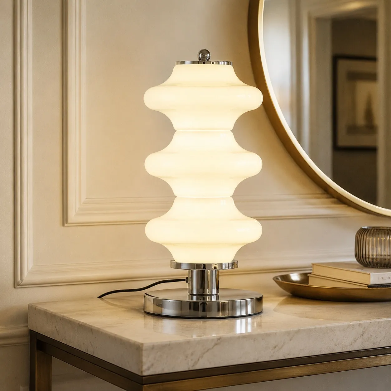 White opal glass table lamp on a marble console