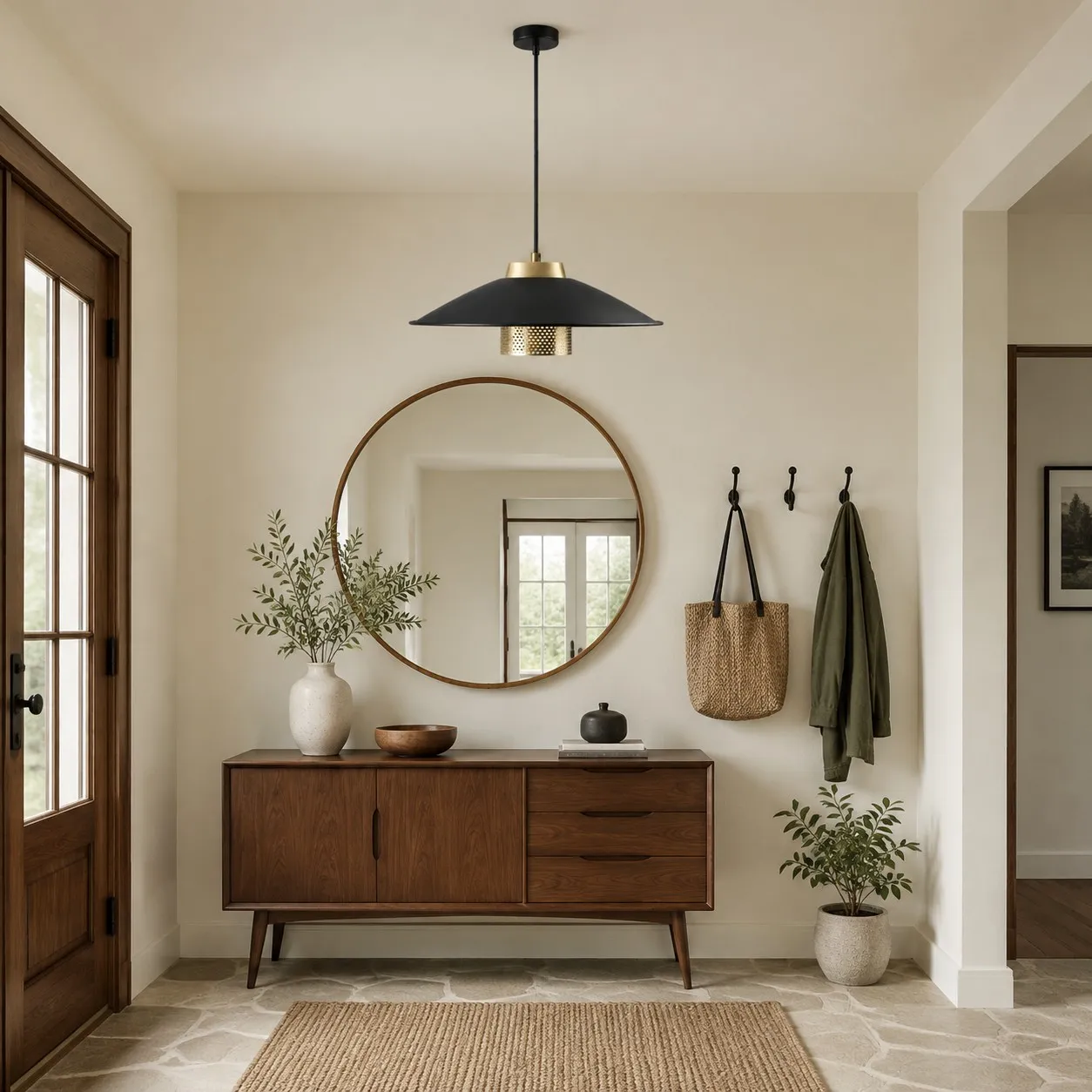 Black and brass pendant light above a wood console in a neutral entryway