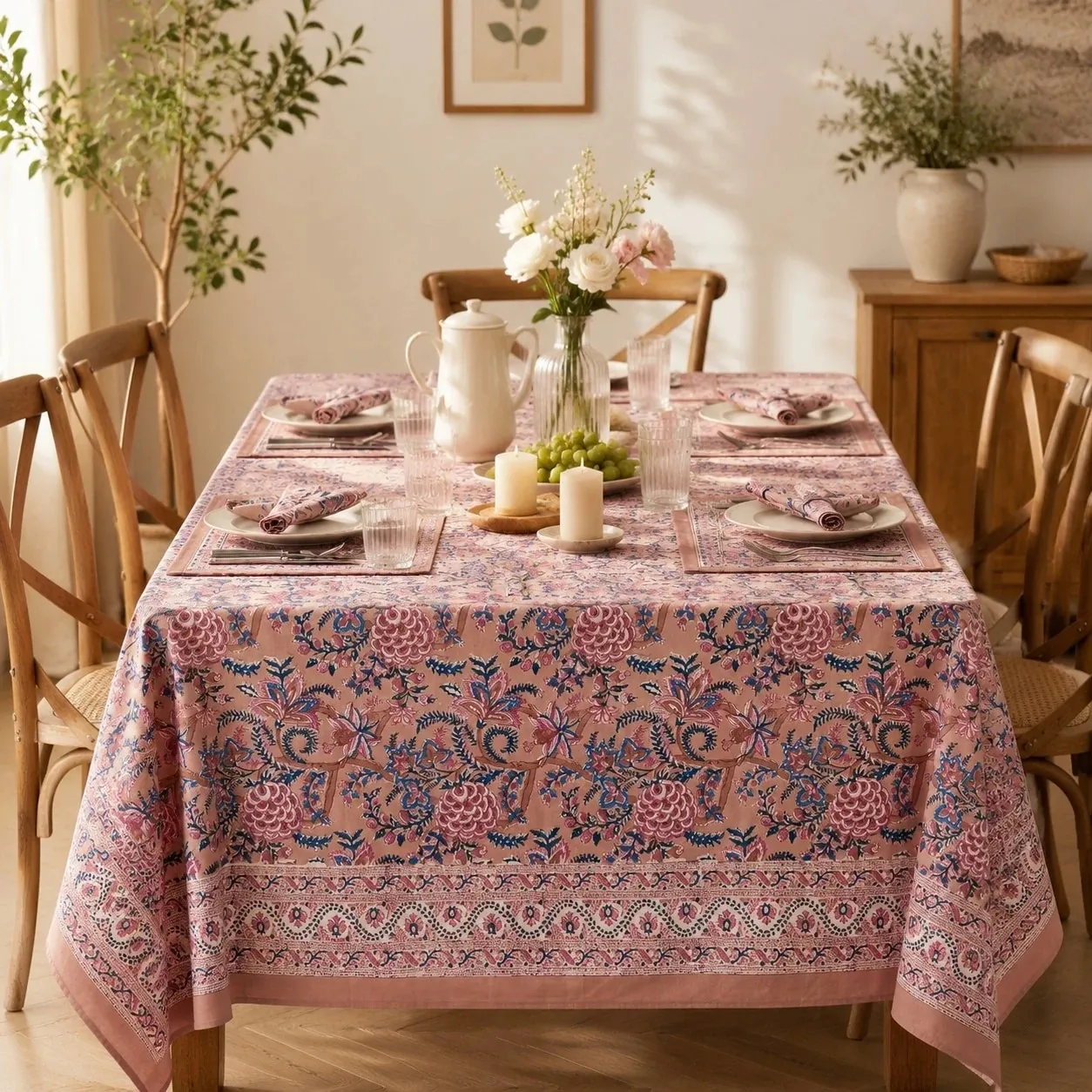 Rose mauve floral tablecloth styled in a warm dining room