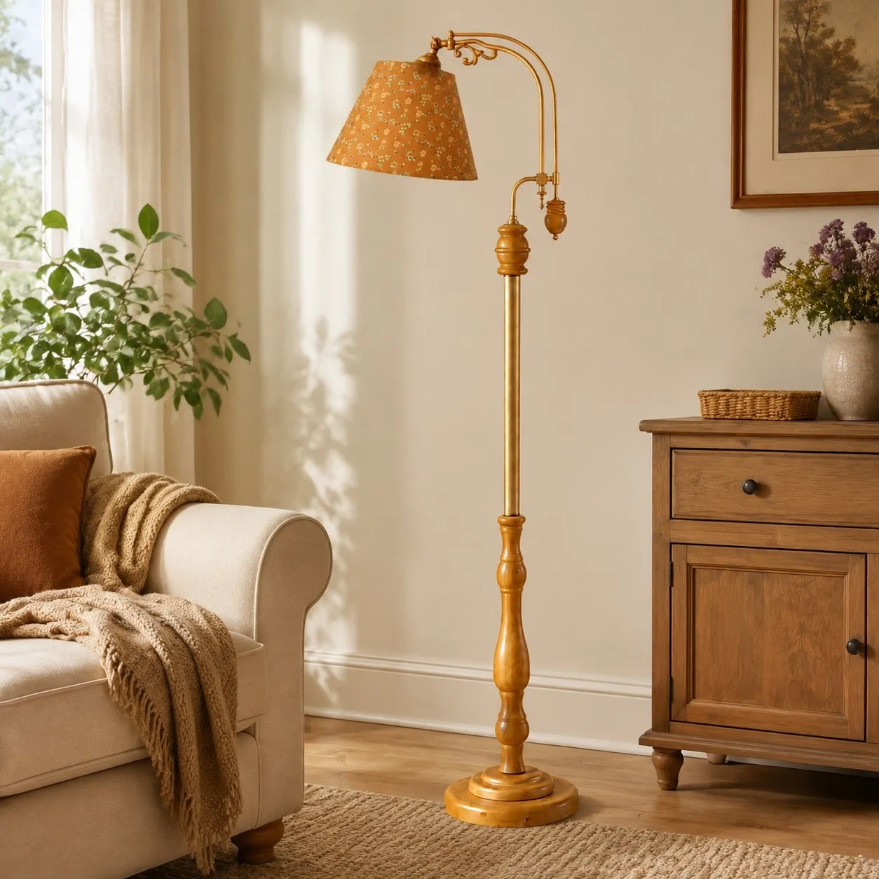 Autumn wood and fabric floor lamp near a cabinet