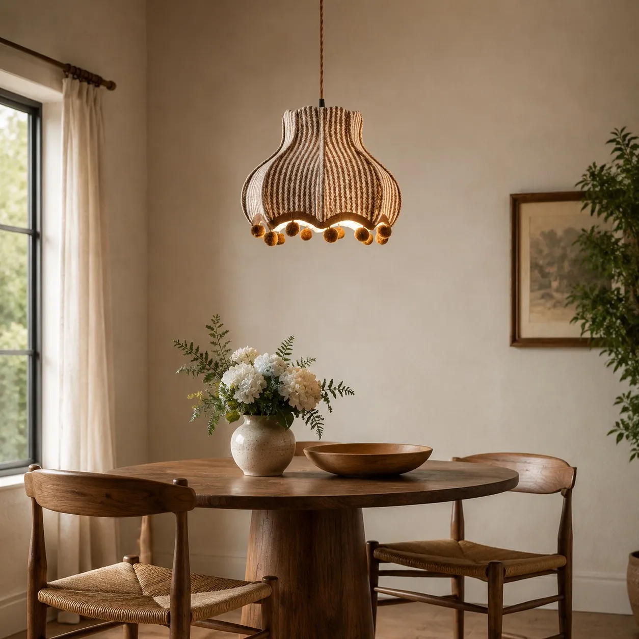 Striped fabric pendant lamp installed above a wood dining table