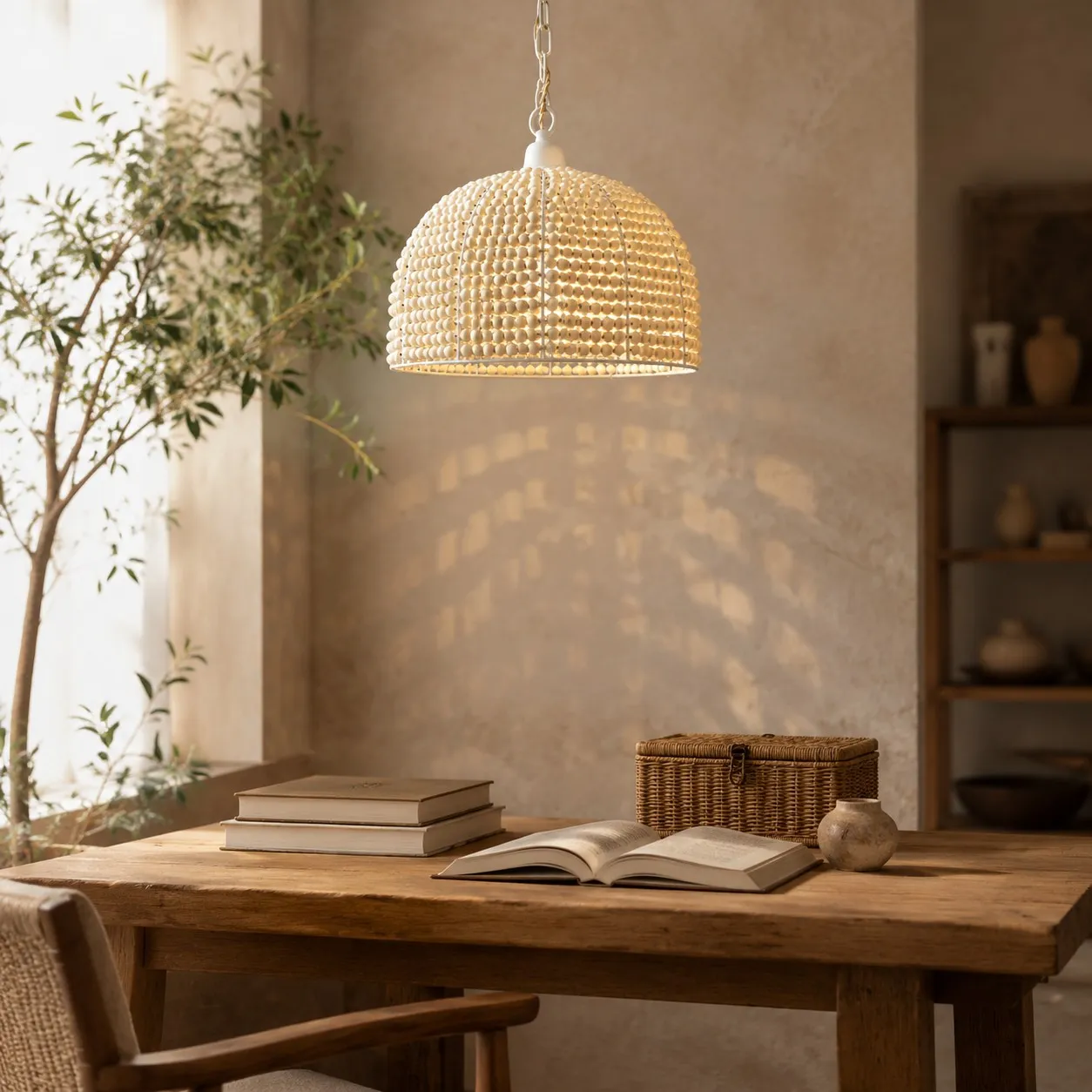 Wood bead dome pendant light in a quiet study corner