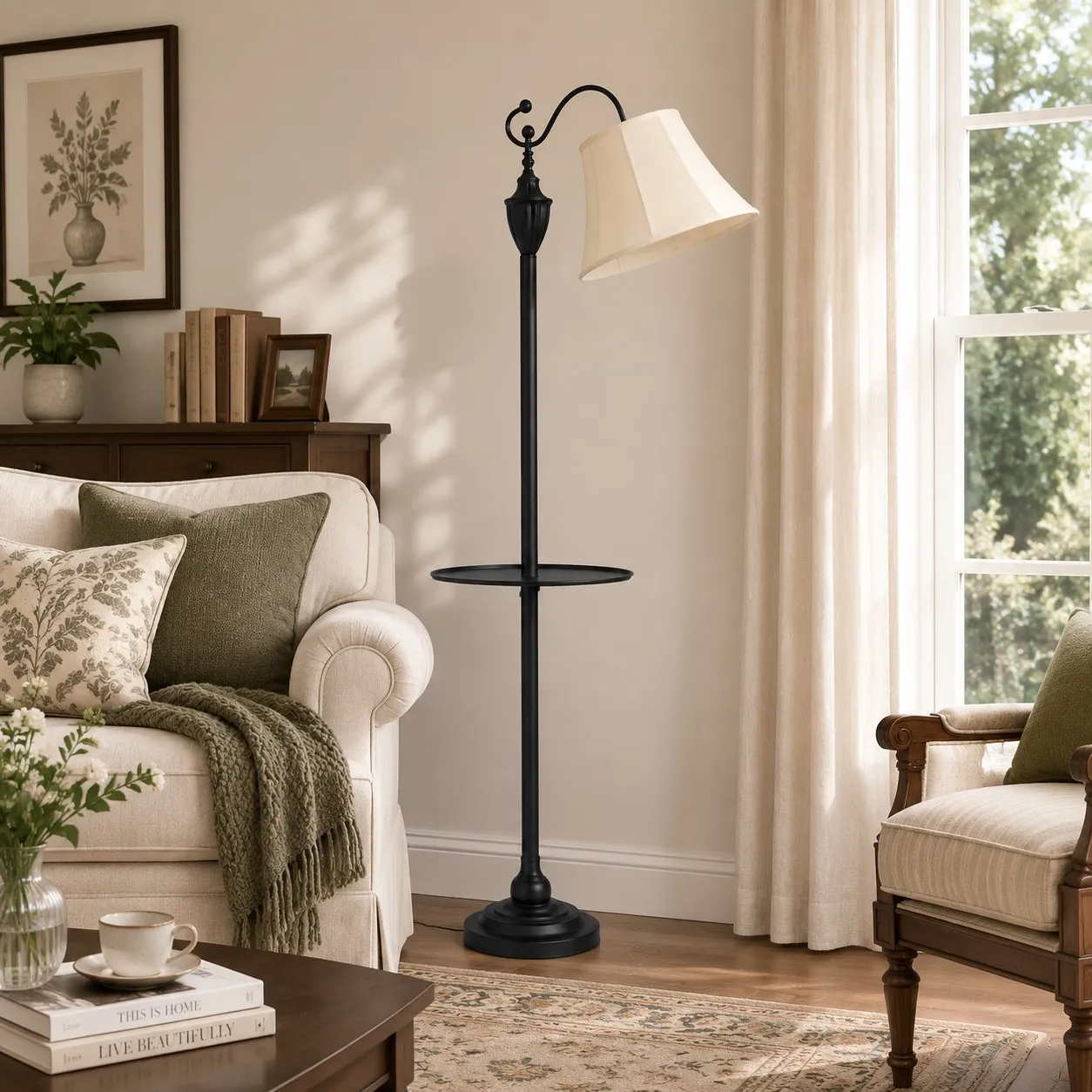 Beige fabric shade floor lamp beside a sofa in a bright living room
