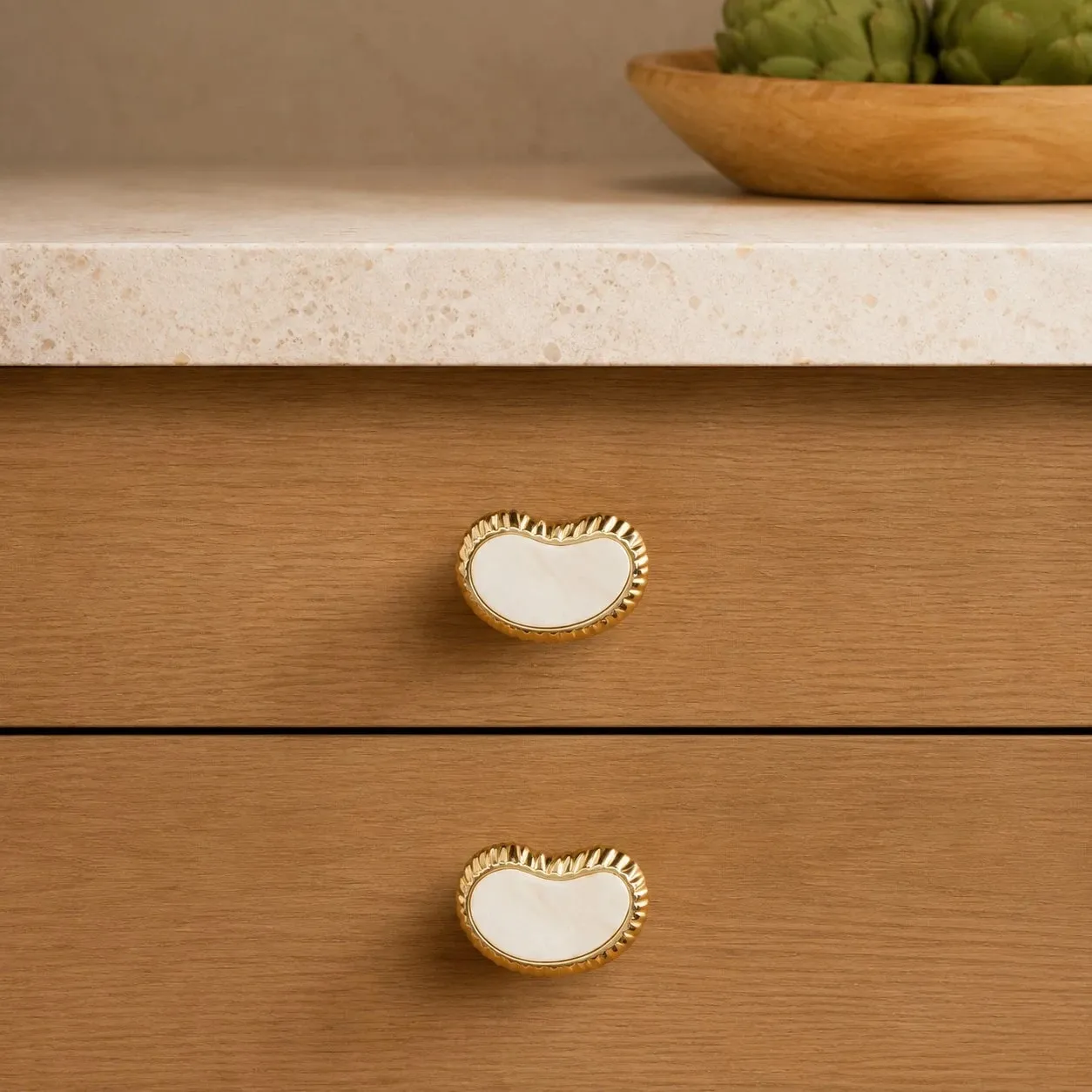 French Vintage Cashew Shell Brass Cabinet Knobs and Pulls - image 16