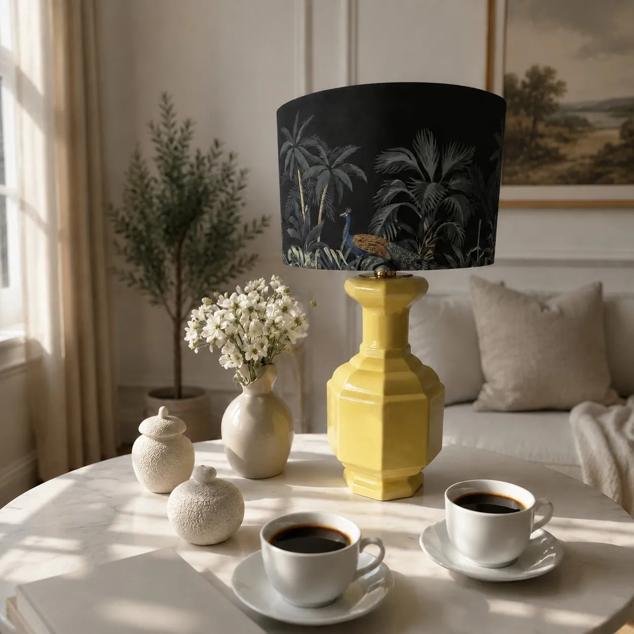 Faceted Lemon Yellow ceramic table lamp in a living room
