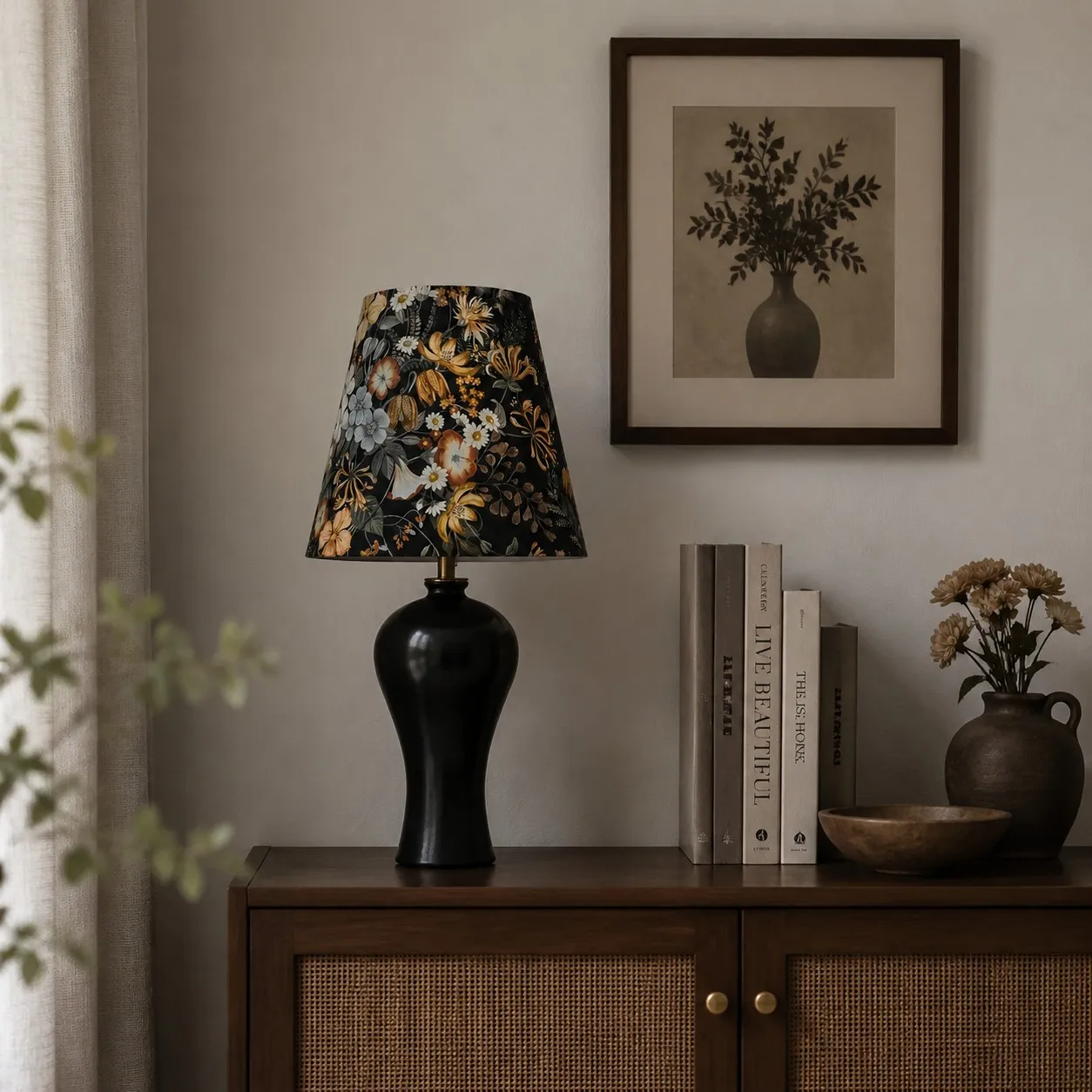 Table lamp on console with floral shade