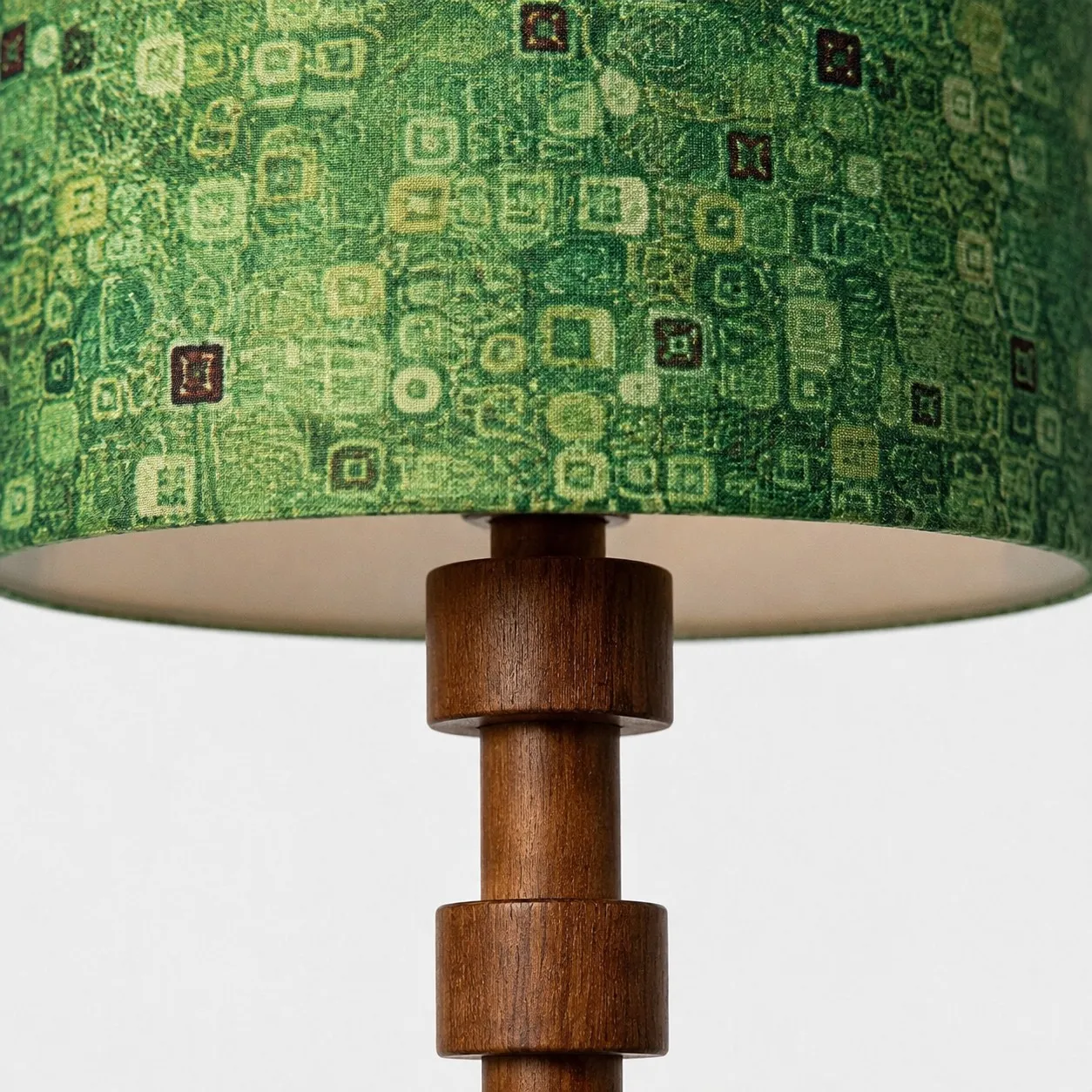 Patterned fabric shade and turned wood column detail