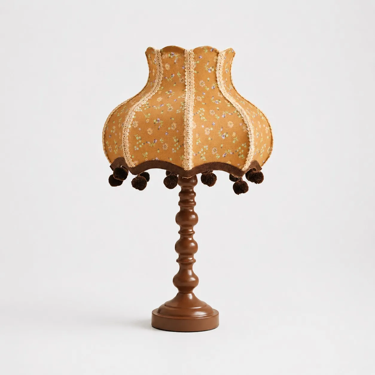Vintage warm coffee floral fabric table lamp on white background