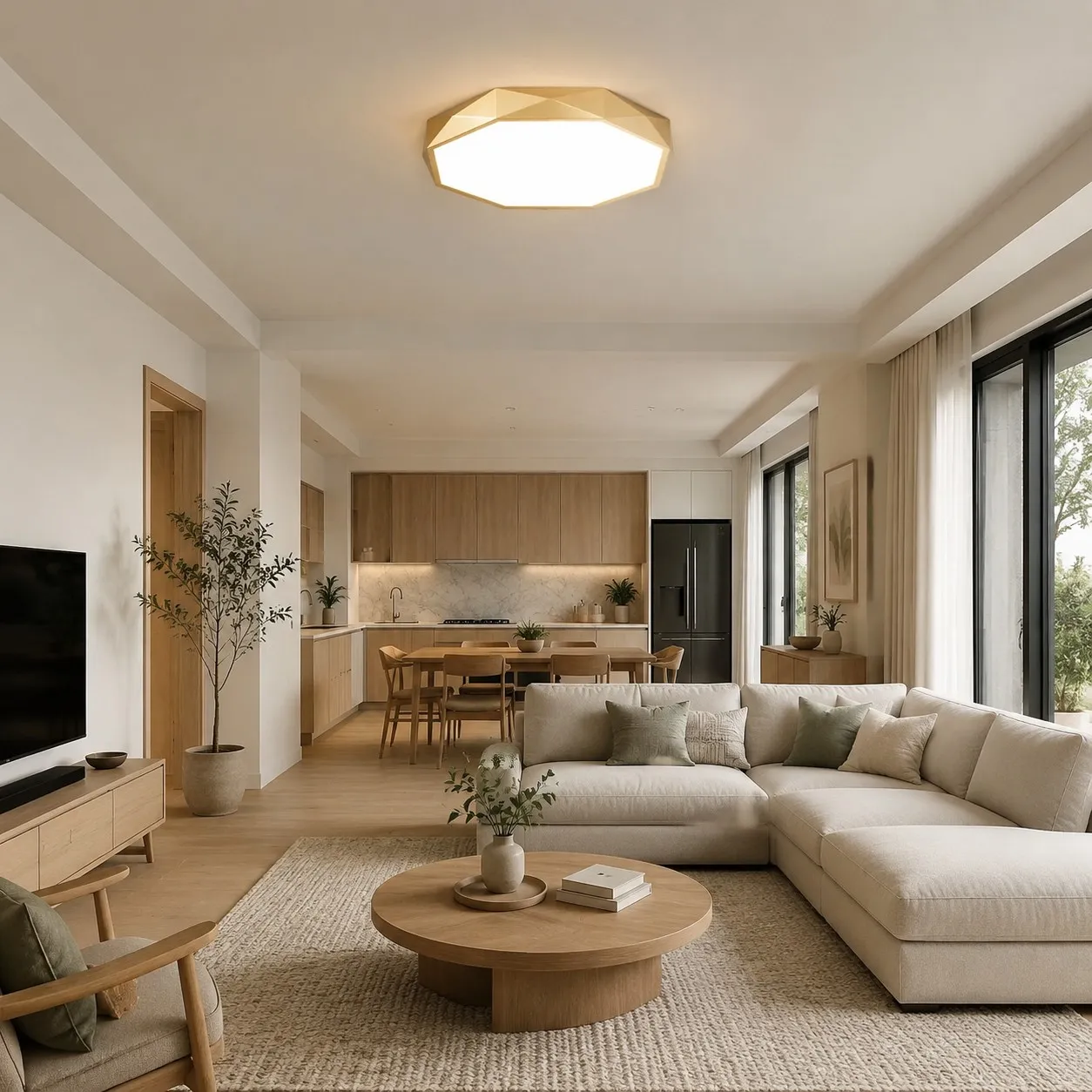Gold geometric ceiling light in an open living and dining room