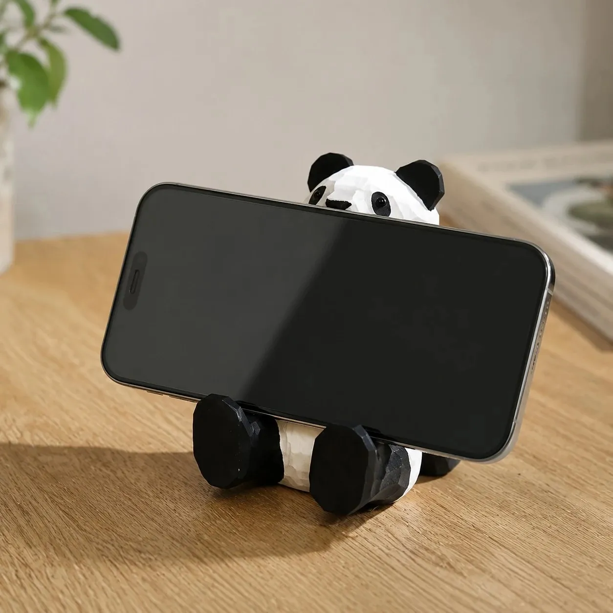 Wooden animal phone stand scene view
